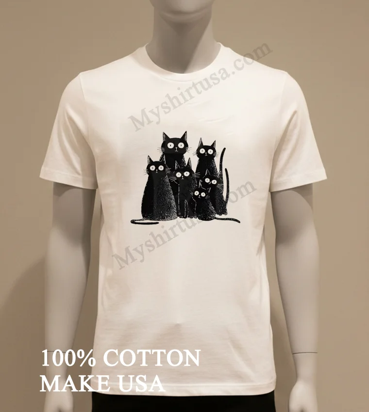 Six Black Cats With Big Eyes Artistic Drawing funny america t-shirts - white-t-shirt Six Black Cats With Big Eyes Artistic Drawing Shirt White T Shirt
