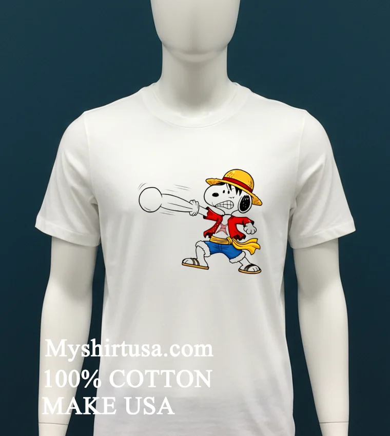 Snoopy As Luffy Gum Gum Cartoon Shirt - white-t-shirt Snoopy As Luffy Gum Gum Cartoon Shirt White T Shirt 1