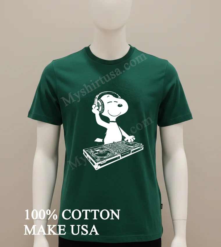 Snoopy Dj Mixing Music On Turntable Graphic Shirt Green Shirt