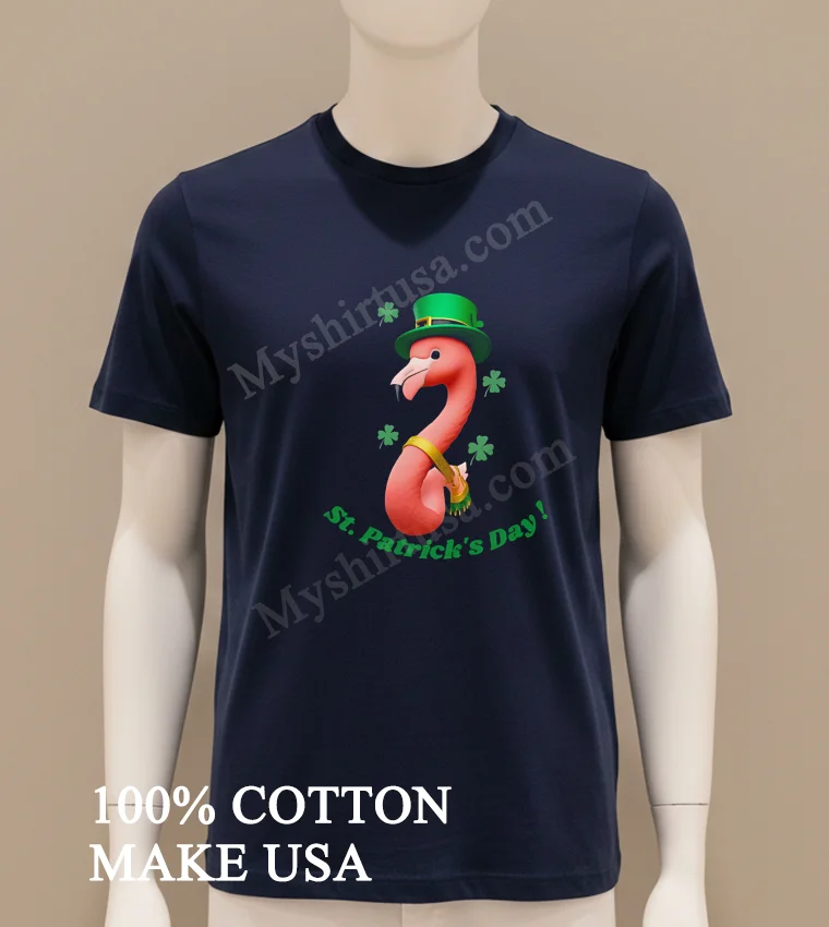 St Patricks Day Pink Flamingo Wearing Leprechaun Hat Shamrocks Shirt Navy Shirt
