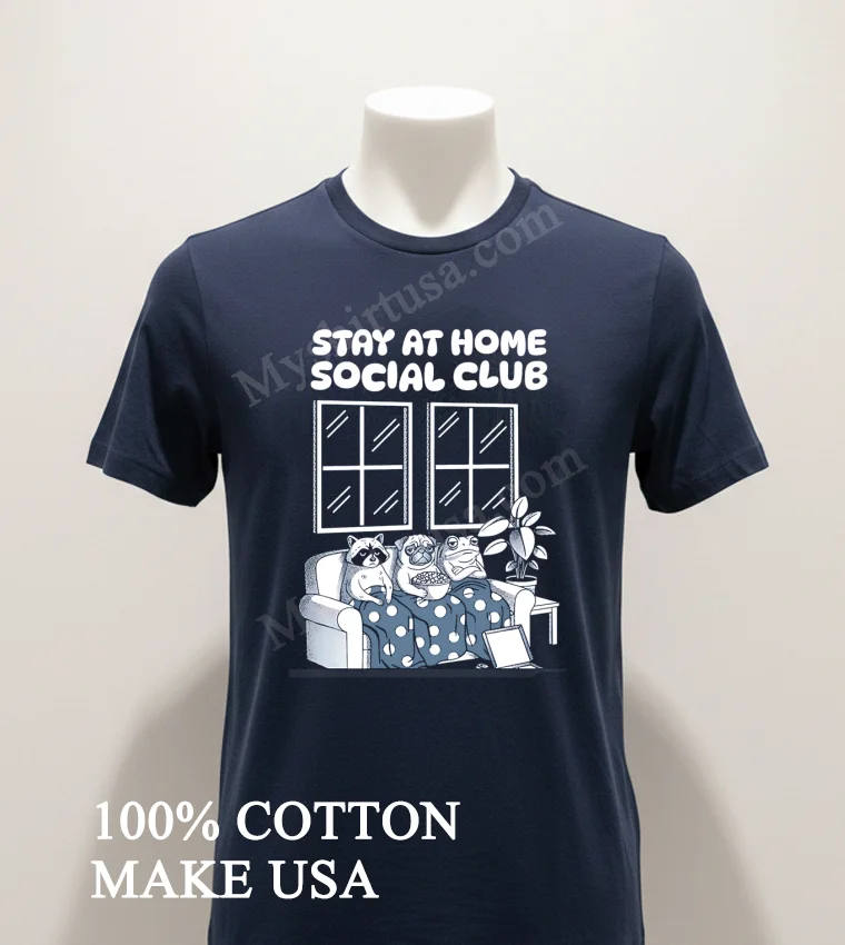 Stay At Home Social Club Raccoon Pug Frog On Sofa Shirt Navy Shirt 1