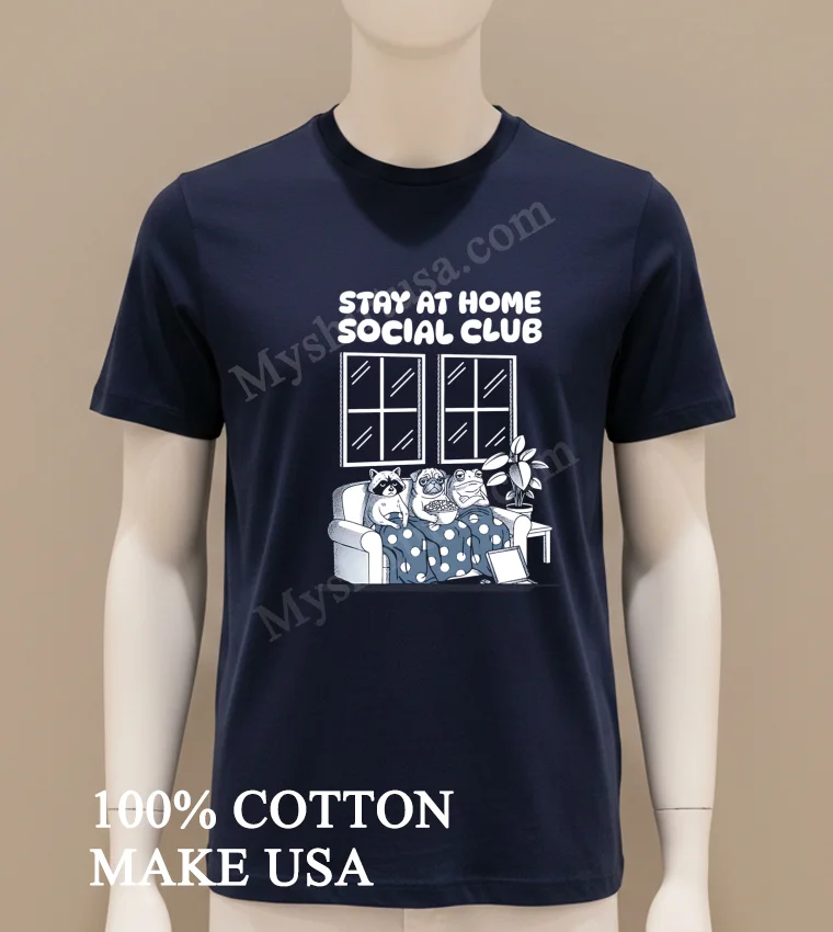 Stay At Home Social Club Raccoon Pug Frog On Sofa funny america t-shirts - navy-shirt Stay At Home Social Club Raccoon Pug Frog On Sofa Shirt Navy Shirt