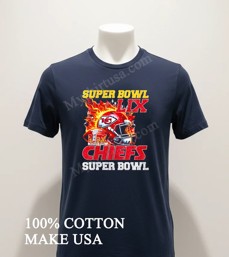 Super Bowl 2025 Lix Champions Helmet On Fire Chiefs Shirt Navy Shirt 1
