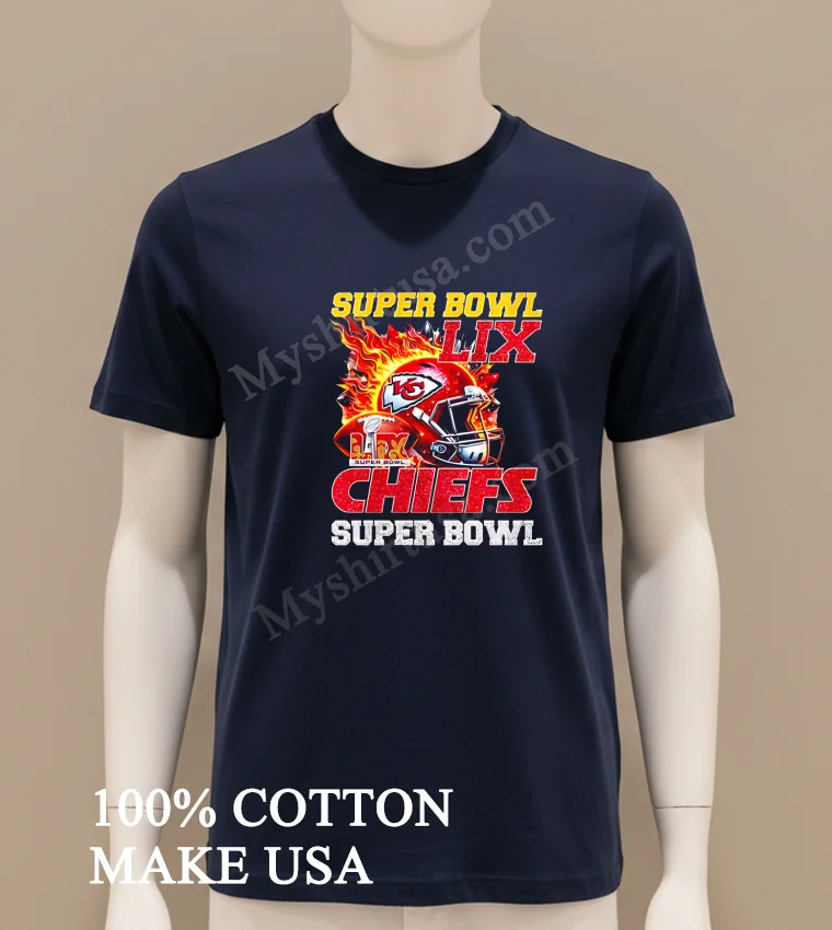 Super Bowl 2025 Lix Champions Helmet On Fire Chiefs Shirt Navy Shirt