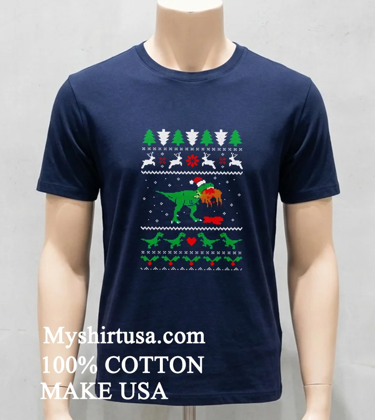 T Rex Eating Reindeer Jurassic Christmas Shirt Navy Shirt