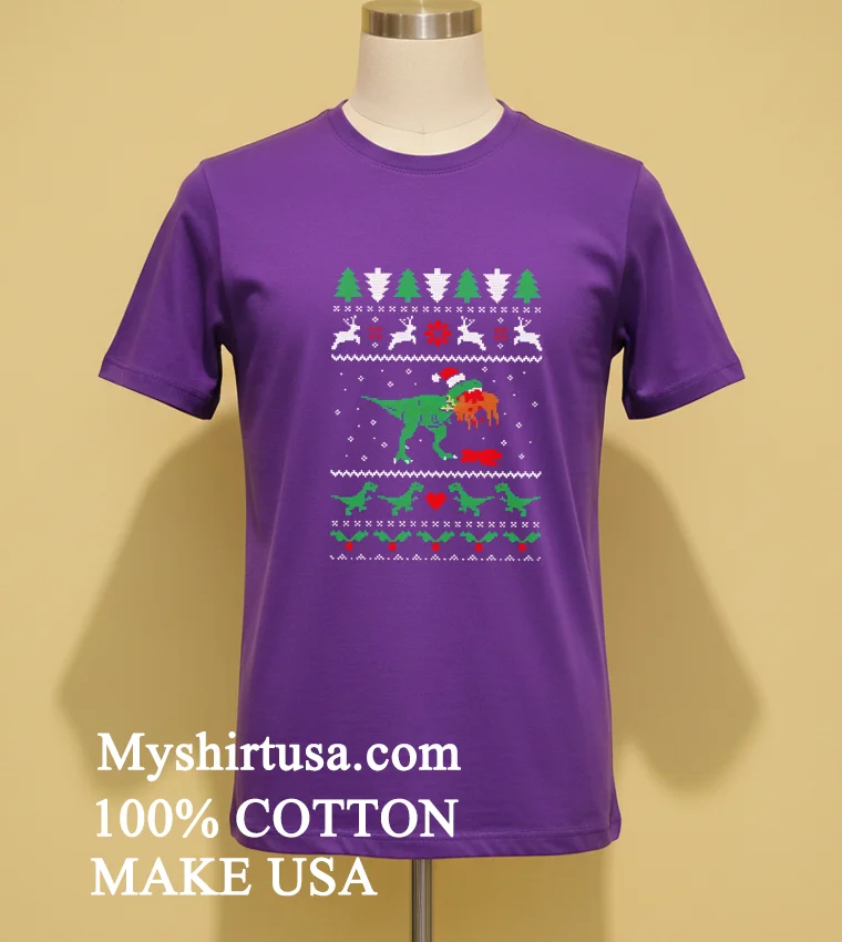 T Rex Eating Reindeer Jurassic Christmas Shirt Purple Shirt