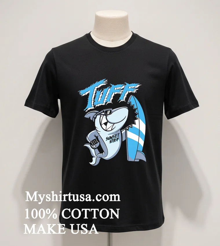 Tuff Sunset Strip Shark Sunglasses Surfboard Graphic Shirt Balck Shirt
