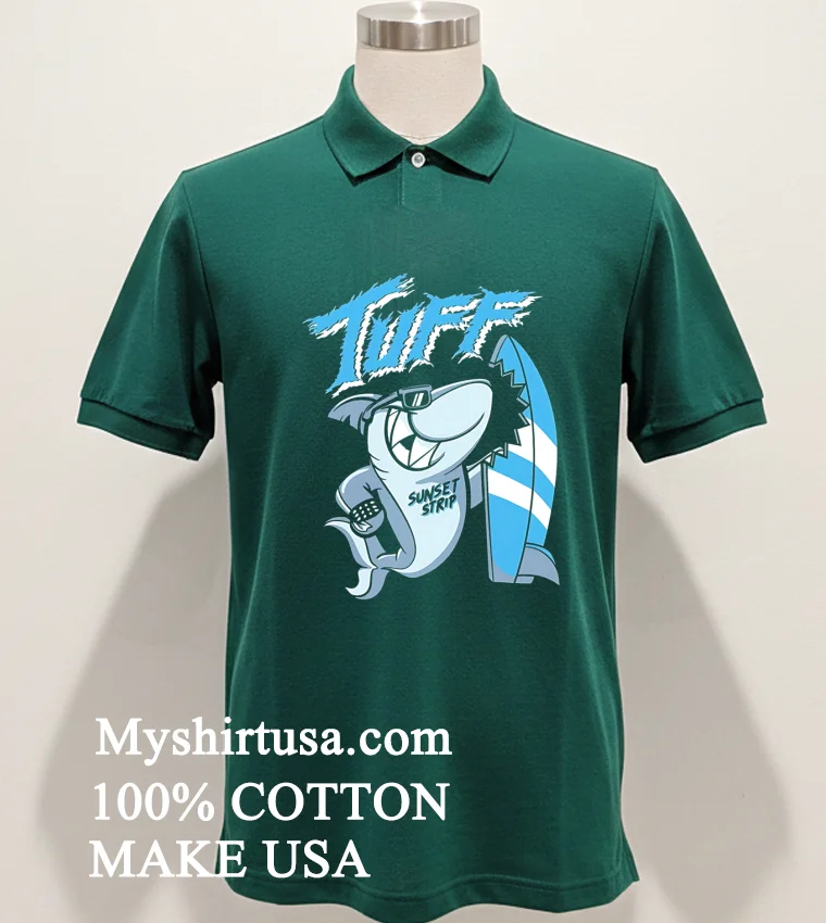 Tuff Sunset Strip Shark Sunglasses Surfboard Graphic Shirt Green Shirt