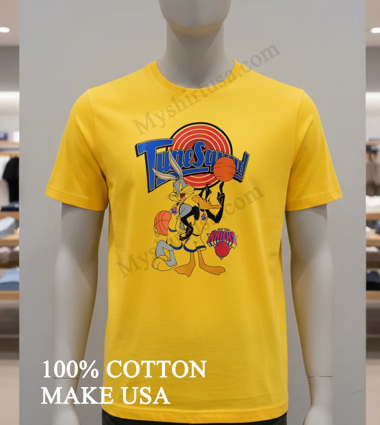 Tunesquad Bugs Bunny Daffy Duck Basketball Target Background New York Knicks Sports Shirt - yellow-t-shirt Tunesquad Bugs Bunny Daffy Duck Basketball Target Background New York Knicks Sports Shirt Yellow T Shirt