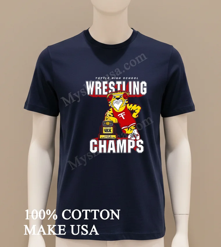 Tuttle High School Wrestling 18x State Champion Mascot Shirt Navy Shirt