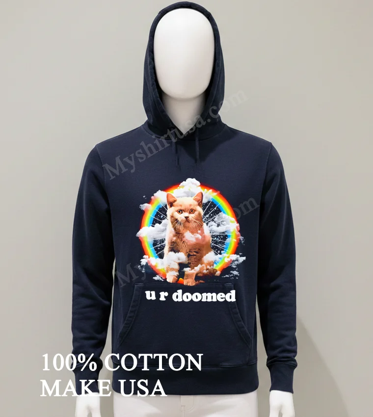 U R Doomed Cat In Clouds Rainbow Space funny america t-shirts - balck-shirt U R Doomed Cat In Clouds Rainbow Space Shirt Balck Shirt