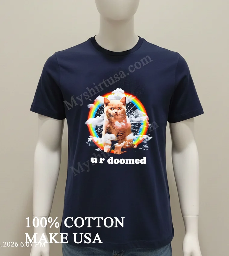 U R Doomed Cat In Clouds Rainbow Space Shirt Navy Shirt 1