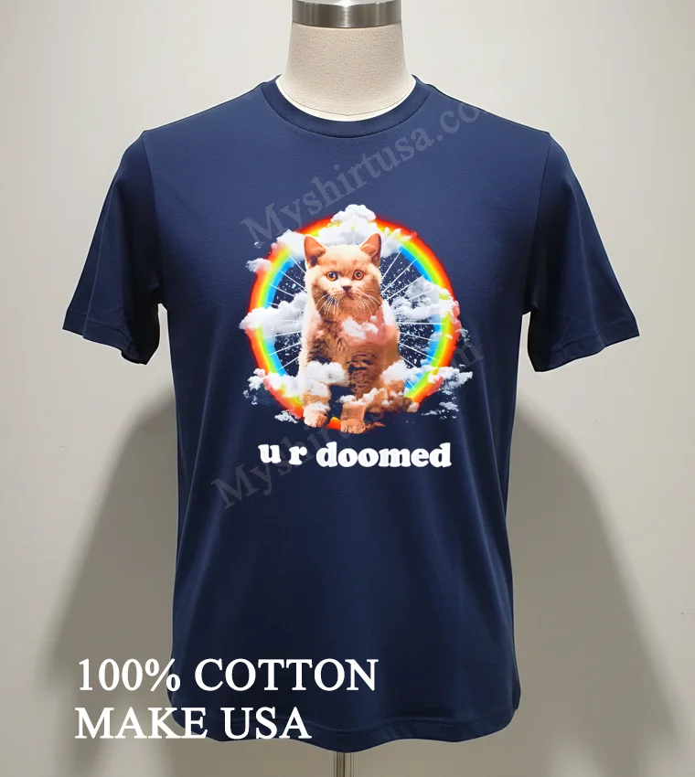 U R Doomed Cat In Clouds Rainbow Space Shirt Navy Shirt 2