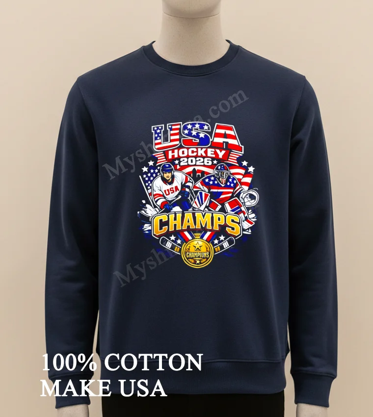 Usa Hockey 2026 Champs American Flag And Hockey Players funny america t-shirts - long sleve shirt Usa Hockey 2026 Champs American Flag And Hockey Players Shirt Long Sleve Shirt
