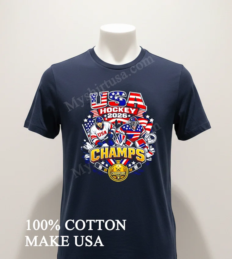 Usa Hockey 2026 Champs American Flag And Hockey Players funny america t-shirts - navy-shirt Usa Hockey 2026 Champs American Flag And Hockey Players Shirt Navy Shirt 1