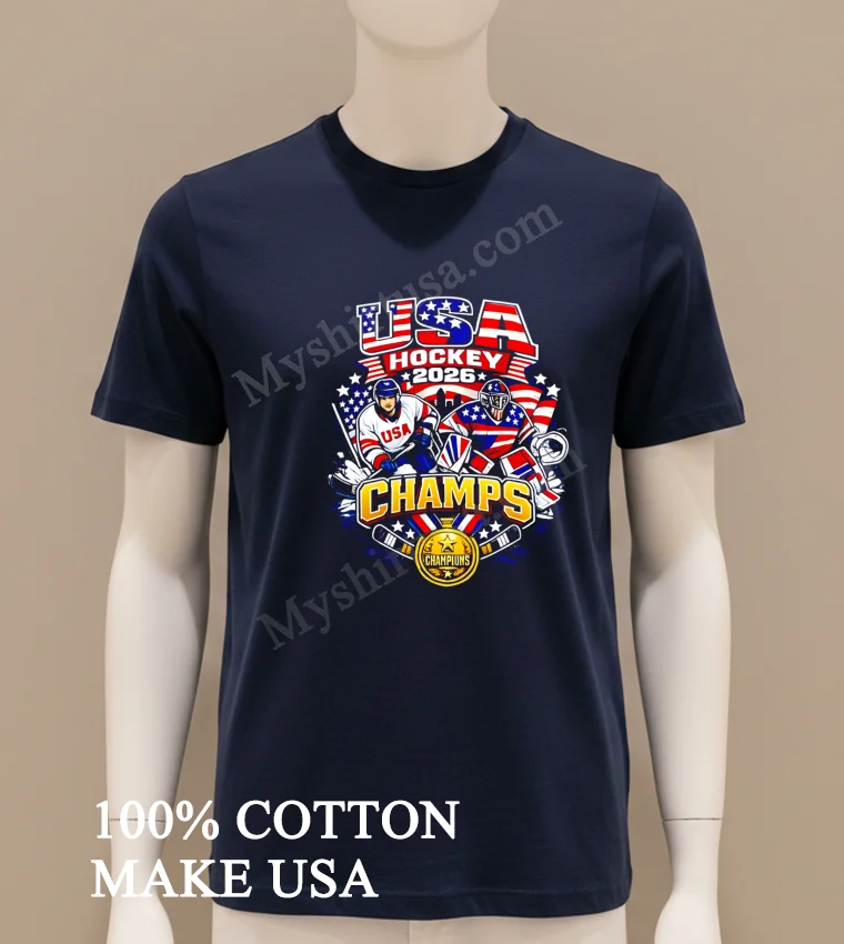 Usa Hockey 2026 Champs American Flag And Hockey Players Shirt Navy Shirt