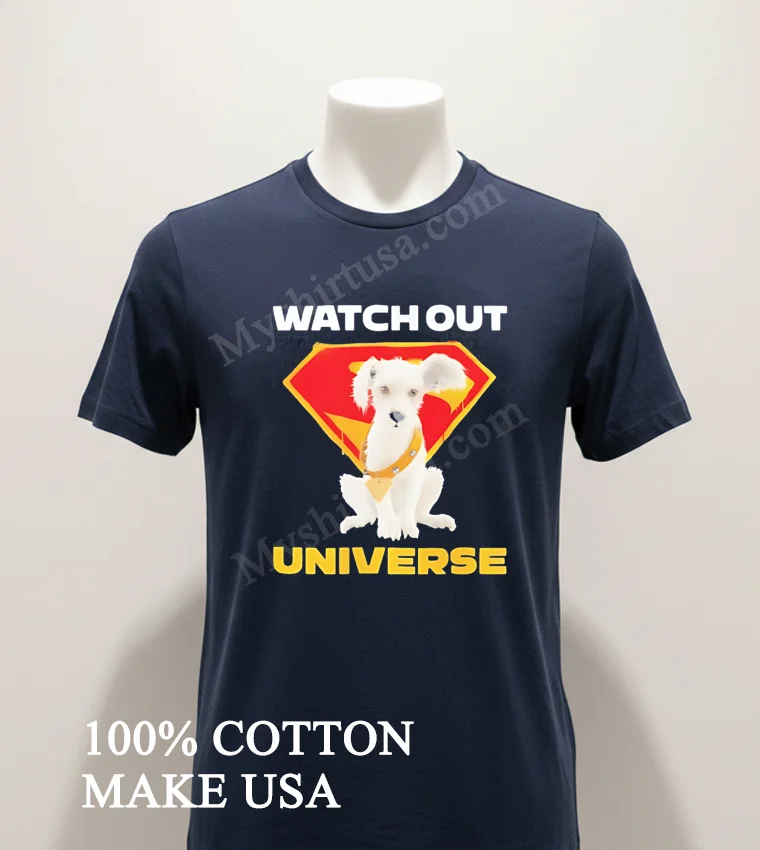 Watch Out Universe White Super Hero Puppy Dog Shirt Navy Shirt 1