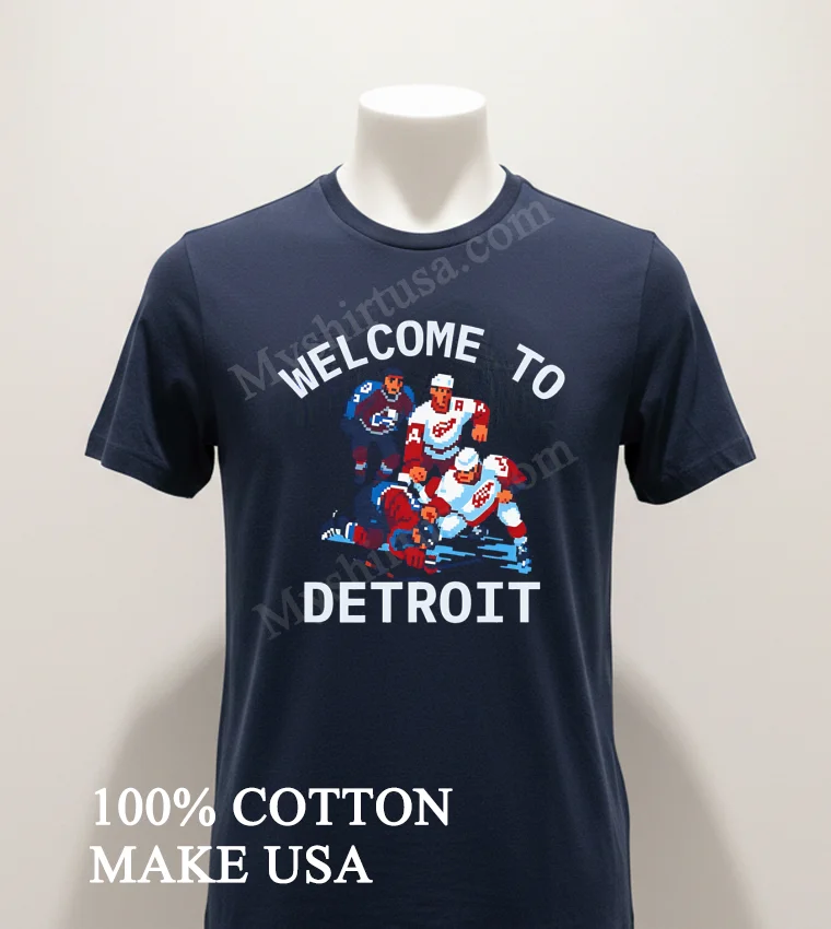 Welcome To Detroit Pixel Art Hockey Players funny america t-shirts - navy-shirt Welcome To Detroit Pixel Art Hockey Players Shirt Navy Shirt 1